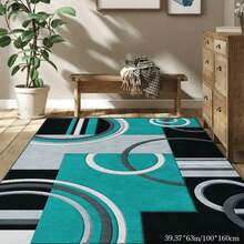 A Modern Abstract Pattern Carpet, Machine Washable, Suitable For Living Room, Bedroom, Balcony, Multifunctional Indoor And Outdoor Carpet, 100% Polyester Fiber, Dimensions 100.0cm X 160.02cm - Teal And Black - 彩色 - 查看 1