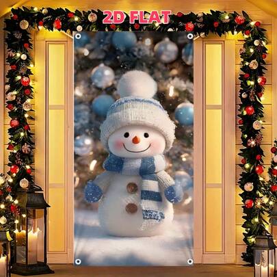 1 Stück süßer Weihnachtsmann Banner, Polyester Stoff Türvorhang, Fotokabinen Requisite Hintergrund mit Schneemann Szene, Weihnachtsbaum, fallende Schneeflocken - Neujahr Heim Party Dekoration Flagge, Fröhliche Weihnachten Feiertagsversammlung Türöffnung, Feiertags Fotoshooting Dekorationshintergrund