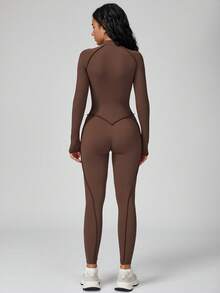 MASKERT 女士瑜伽连体衣，带可拆卸胸垫，速干，高弹，亲肤舒适 - 巧克力棕 - 查看 2