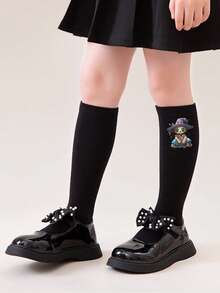 4 Pairs Of Black And White Long Stockings With Bat And Skull Print Patterns For Girls. They Are Suitable For Halloween And Are Backless Calf Socks. - Black and White - View 8