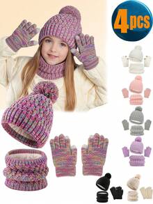 4 件套儿童针织绒球冬帽、围巾和手套套装，女童男童幼儿保暖针织连帽围脖套装 - 彩色 - 查看 2