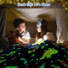 Children's Blue Dinosaur Print Glow-In-The-Dark Blanket, Gift For Boys And Girls, Comfortable Soft Plush Flannel Blanket, Suitable For Sofa, Bed, School, Birthday, Christmas, Halloween, Thanksgiving, Easter, Children Luminous Throw Blanket