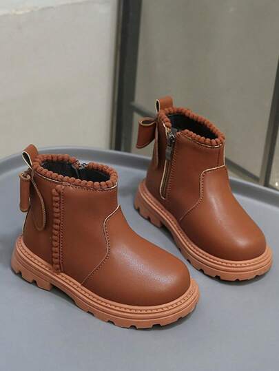 1 Paar Kleinkind/Kinder Weiche & Bequeme PU Leder + Stoff Stiefel, Plüschkugel Dekor, Reißverschluss Design, Rundkappe, Gummisohle, Klassischer Britischer Stil, Geeignet für Baby Mädchen Innen/Außen, Schule, Herbst/Winter