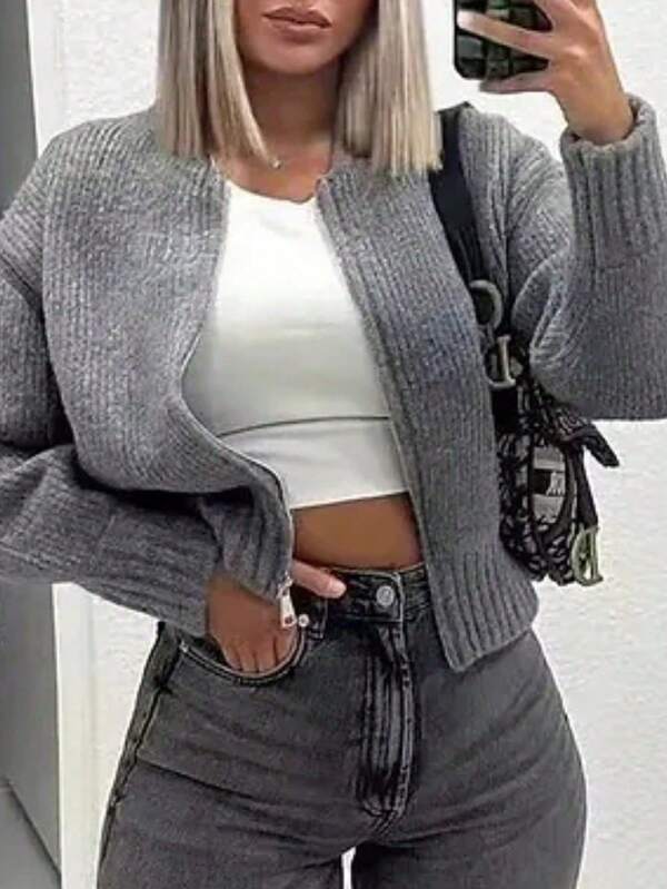 Cardigan de malha cropped casual feminino de outono, cor sólida, manga comprida, roupa top