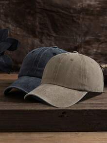 1 件男女通用纯色可调节水洗棒球帽，休闲户外时尚 - 黑色+卡其 - 查看 2