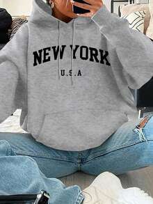 大码女式休闲连帽长袖卫衣，印有“NEW YORK”和“U.S.A”字样，适合春、夏、秋季穿着，也可作为万圣节外套或度假服装。 - 灰色 - 查看 4