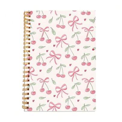 1 pieza Libreta con lazo de cereza linda - Rojo, Rayado universitario, 5.5"X8.3", Adecuado para trabajo, estudio, regalo para mujeres, Tamaño A5, 50 hojas, 100 páginas
