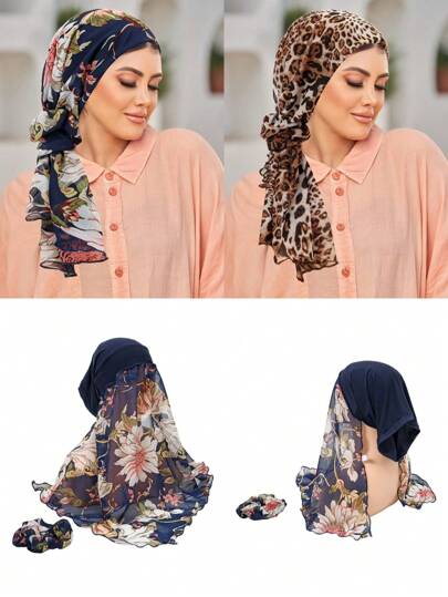 1 Set Muslim Floral Printed Headscarf, Turban & Headband, Fashionable & Versatile