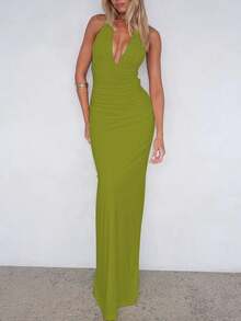 女士纯色系带露背吊带修身褶皱长裙，性感优雅派对晚礼服，适合舞会、情人节、婚礼等场合，春季穿着。 - 淺綠色 - 查看 5