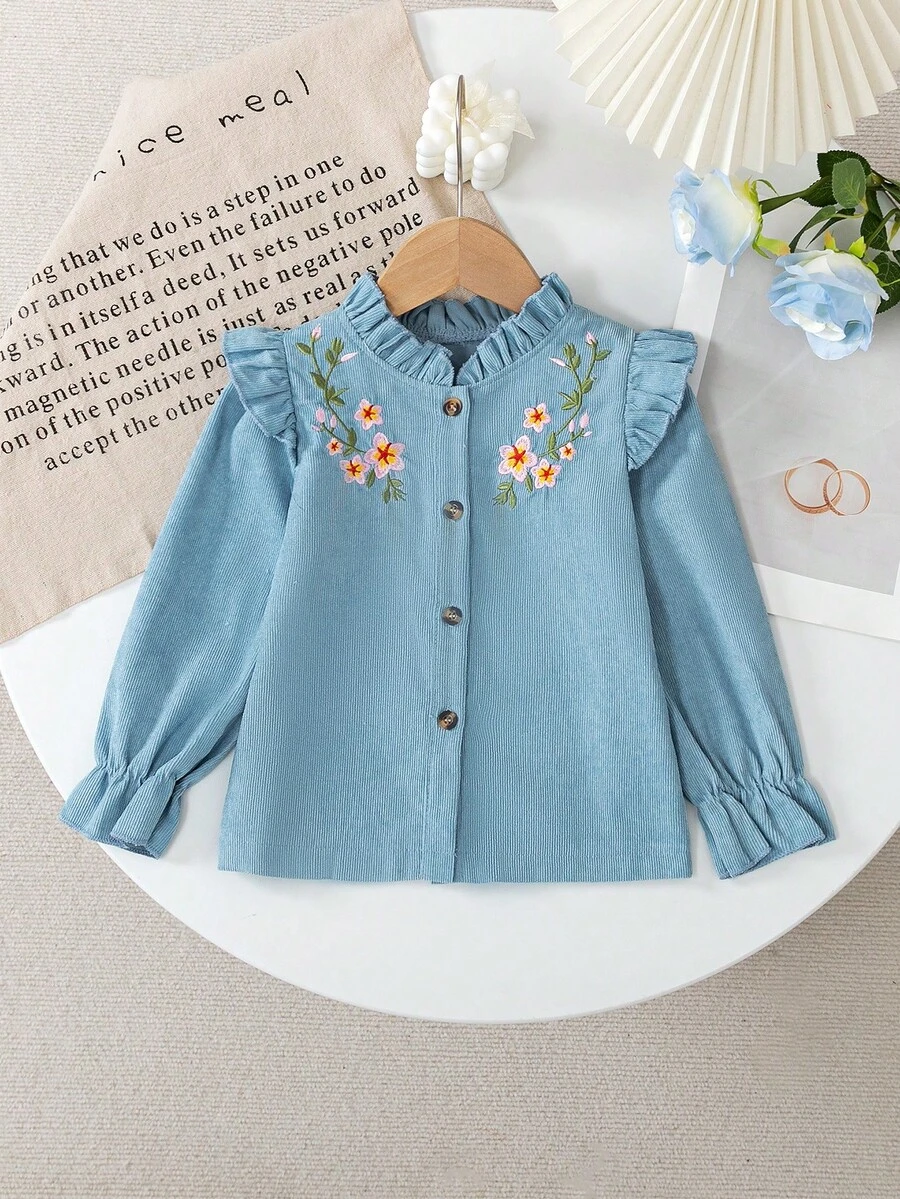 年轻女孩休闲纯色针织花卉刺绣纽扣荷叶边领长袖上衣，适合春秋季日常、居家、户外、运动 - 藍色 - 查看 1
