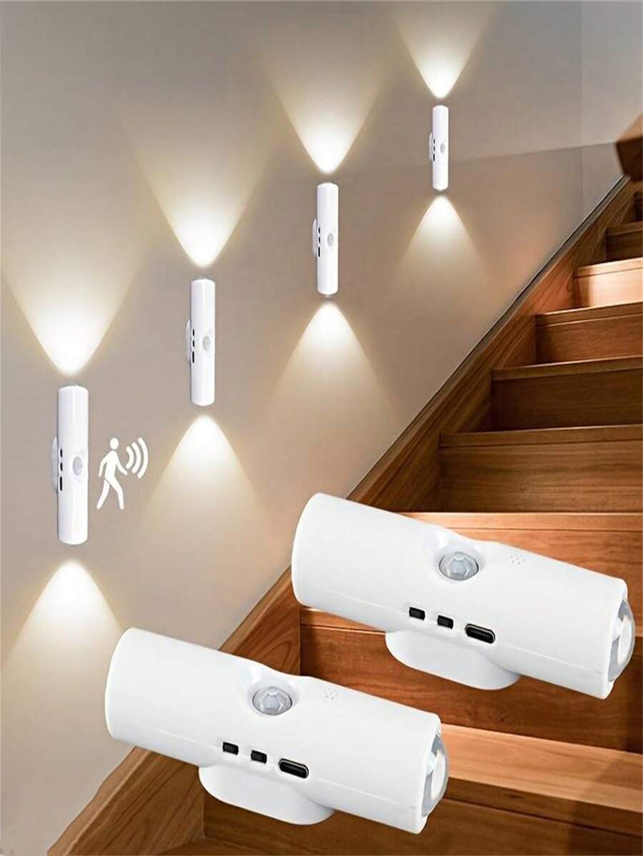 1pc/2pcs/4pcs LED Motion Sensor Light, LED Motion Sensor Step Light, 3 Color LED Wall Light, Dual Head Night Light With Adjustable 3 Color Lighting, Magnetic Step Lights For Entrance, Bedside, Desk, Closet (400mAh)(Button Colours, Distributed At Random)