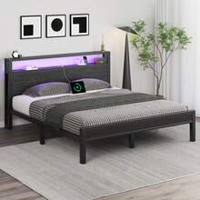 Bed Frame With LED Light, Industrial Platform Bed With Charging Station, 2-Tier Storage Headboard, No Box Spring Needed, Noise-Free, Strong Support Legs - 黑色 - 查看 2