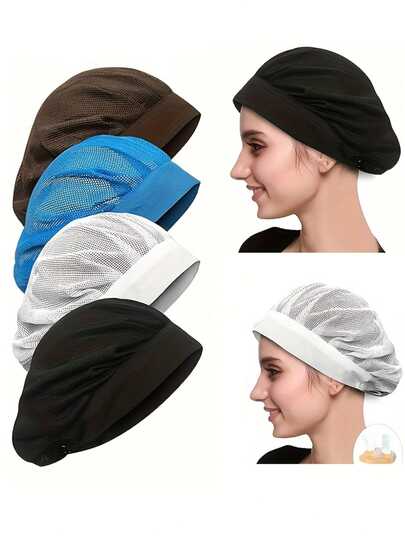 1-2顶男女通用弹力厨师帽，网眼后衬，透气弹力涤纶材质，可重复使用，仅限手洗。适用于餐饮服务专业人员、厨房用品、防尘网帽，男女通用，适合烘焙和车间使用。