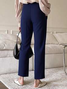 TAD Pantalón elegante para mujer pierna recta cintura entallada tela suave bolsillos botón otoño invierno oficina diario - Azul - Ver 3