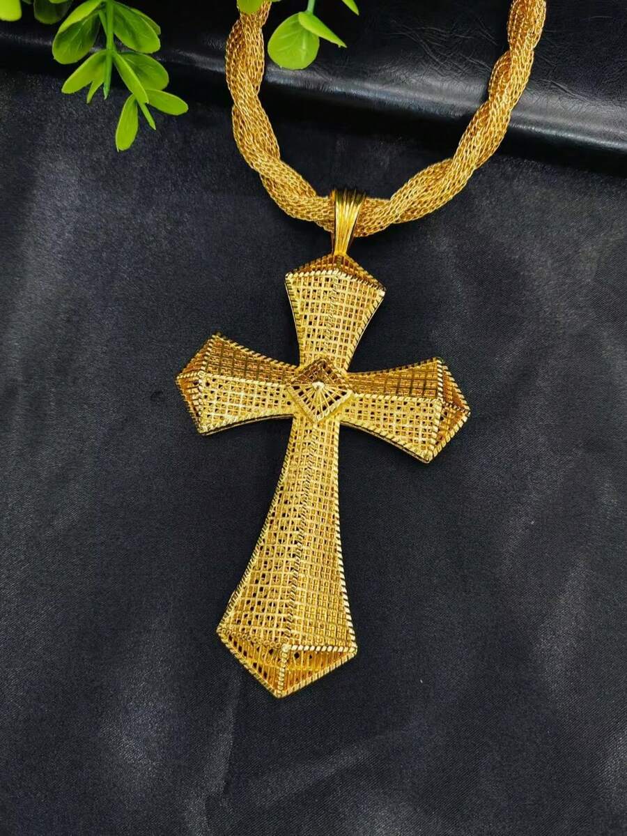 1pc Cross Pendant Necklace, Gold Color, Suitable For European, African, Brides, Weddings, Parties, Daily Wear, Holiday Gift - Yellow Gold - View 1
