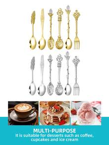 6pcs Coffee Spoon, Dessert Spoon, Gold Tea Spoon Set, Vintage Coffee Spoon Fruit Fork, Compact & Elegant Coffee Utensils, Dishwasher , Suitable For Coffee, Tea, Cake, Dessert, Ice Cream, Yogurt, Fruit, Great For Home, Kitchen, Restaurant, Cafe, Party, Christmas, Halloween, Easter, Dinnerware Set, Gift Set