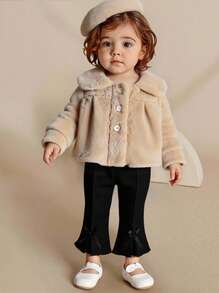 SHEIN Elladie kids 女婴优雅可爱薄款羊毛外套配贝雷帽套装，秋季 - 卡其色 - 查看 1