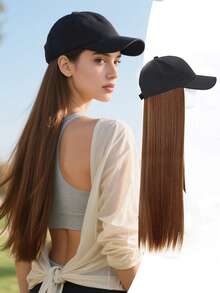 棒球帽配长直合成假发 - 24英寸内置假发帽，二合一防晒，适合女性，圣诞派对日常装扮皆宜 - 彩色 - 查看 13