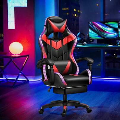 Cadeira Gamer NSY Ergonômica Com Multicores Led Rgb Iluminação Escritório 90° A 150° Reclinável Com Apoio De Pés Altura Ajustável Cor Vermelho E Preto