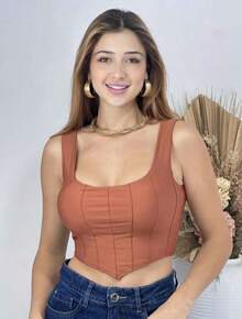 Cropped Corset V-Neck Corset With Padded Cups, Summer Launch D-20 - Rỉ Nâu - Xem 1