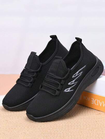 Damskor med andningsförmåga, halkfria, mjuka och bekväma svarta arbetsskor, platta, enfärgade runda tåsneakers, lämpliga för alla årstider