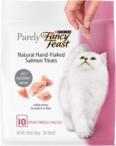 Purina Fancy Feast Purely Natural, golosina para gatos de salmón en escamas hechas a mano - bolsa de 1.06 (5 unidades)