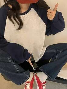 女士宽松圆领撞色套头卫衣，休闲长袖上衣，秋冬春季 - 灰色 - 查看 4