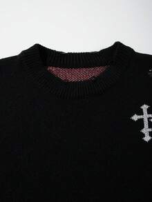 ANDREILEE 男女通用抽象深色十字蜘蛛网图案做旧宽松套头针织衫，休闲通勤百搭，春秋冬季 - 黑色 - 查看 4