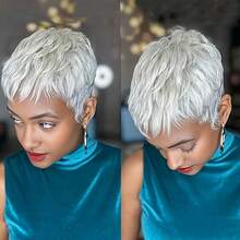 Grey Pixie Cut Wig Human Hair Straight Layered Glueless Pixie Wigs For Women Silvery Gray Color 100% Brazilian Human Hair Wig With Bangs 4 Inch 180% Density Perfect For Everyday & Cosplay & Parties & Music Festival - 灰色 - 查看 2