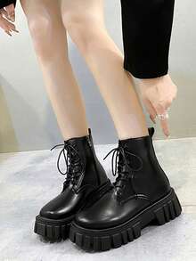 Botas cortas de estilo británico para mujer, Botas de Agujetas para Mujer, Botas Militares de Combate con Cordones para Mujer, Botas de Combate Minimalistas: Con Cremallera Lateral, Hebilla y Cordones Frontales – Ideales para Combinar con Ropa de Otoño - Negro - Ver 4