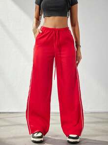 Pantalones cargo de pierna ancha con cintura elástica casual, con tubería de contraste, estilo vintage americano de la década de 2000 para volver al colegio en otoño - Rojo - Ver 5