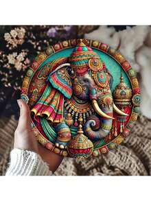 Elefant Folienprägung Wandkunst, dekorative Eisenmetall Plakette, 20 x 20 cm rund, detailliertes Elefanten Design für Bar, Café, Club, Küchendekoration - 1er Pack, zufällige Lieferung mit unterschiedlichen Lochpositionen oben, unten, links und rechts