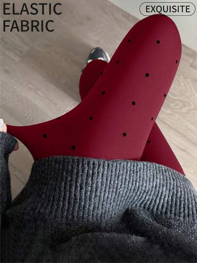 Women's Wine Red Polka Dot Elastic Skinny Tights, Fashionable Anti-Pilling, High Waist, Seamless Tights Suitable For Casual Daily Wear, Autumn, Cozy