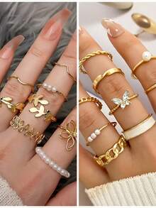 FAXHION 77pcs/35pcs Middle Eastern Style Elegant Vintage Butterfly, Heart, Faux Pearls, Twist, Rhinestone, Snake Chain, Braided Chain, Geometric C-Shaped Earrings, Necklace, Ring, Bracelet Jewelry Set For Holiday, Party, Gift - 金黃色-35件 - 查看 5