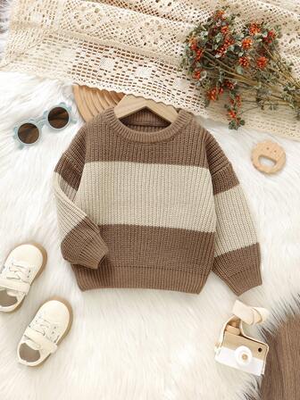 幼儿拼色圆领长袖休闲套头毛衣，经典时尚儿童上衣