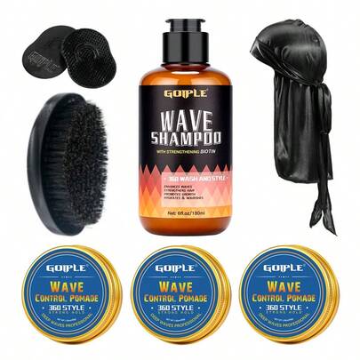 Goiple 30克试用装男士强力定型波浪发蜡，360°造型发油，深波浪发蜡，不油腻保湿发蜡，持久波浪造型霜，水基配方，易清洗天然造型泥，含乳木果油，8件套包含：波浪发蜡、360°波浪洗发水、波浪梳、缎面发带