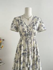 Rusttydustty 大码女式复古蓝白波西米亚度假风腰部纽扣短袖连衣裙