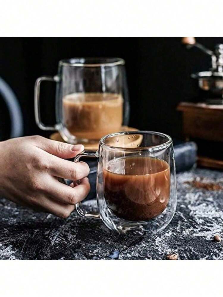 1-2-4pcs Simple Light Luxury Double-Layer Glass Coffee Cup, Mug. Transparent, With Portable Handle, Heat Preservation And Cold Preservation, Reusable. Suitable For Cappuccino, Latte, Tea, Coffee, Matcha, Hot And Cold Drinks, Suitable For Easter, Christmas, Birthday Parties - Multicolor - View 6