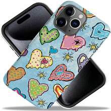 Colorful Hearts Phone Case, Whimsical Style, Blue & Multicolor, Heart Pattern And Hard Two - In - One Film Printing Full Coverage Pattern Phone Case For Apple 16 Pro Max, 15/14 PLUS, 13/12/11 Pro - 白色 - 查看 4