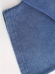 Star Pattern And "" Letter Print Men'S Summer Loose Fit Short Sleeved Washed Vintage 230g Pure Cotton Comfortable Breathable Casual Street Round Neck T-Shirt - Xanh đậm - Xem 4