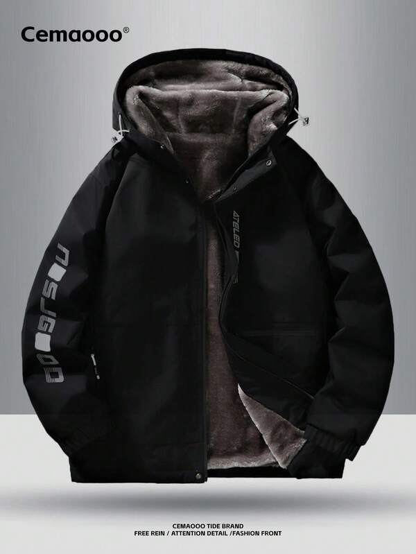 Sudadera con capucha casual de invierno para hombres, con forro térmico grueso y cálido, de corte holgado con diseño de estampado de letra en el brazo delantero, bolsillos con cremallera lateral, puños y bajo acanalados, suave y cómoda