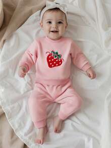 Baby Girl Waffle 2 Piece Outfits Strawberry Embroidery Long Sleeve Crew Neck Tops And Elastic Waist Pants Set - Hồng - Xem 3