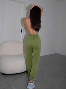 Pantalones De Cintura Alta Para Mujer Con Bolsillos En Diagonal Y Costura al frente - Verde militar - Ver 3