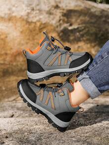 Children's Hiking Shoes, Mid-Top Leather Outdoor Sports Shoes, Non-Slip Wear-Resistant Running Shoes, Adjustable Hook And Loop, Warm For Winter