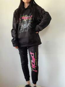 Y2K Hoodie Set Cobweb Spider Style Hoodie Pant Casual Tracksuit Long Sleeve Athletic Suit