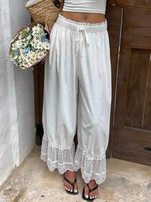 Women Lace Trim Long Bloomers Elastic Mid Rise Ruffle Pantaloons Cropped Flared Slips Pants - 白色 - 查看 1