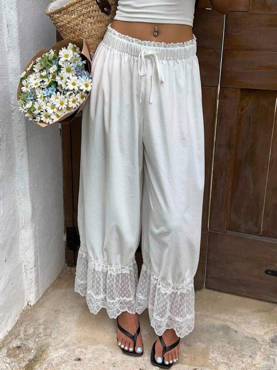Women Lace Trim Long Bloomers Elastic Mid Rise Ruffle Pantaloons Cropped Flared Slips Pants - 白色 - 查看 1