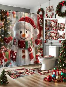1/4 Piece Snowman Shower Curtain Set - White And Red, With Bathroom Mat And Hooks - Suitable For Christmas Bathroom Decor - Adds Holiday Atmosphere To Your Bathroom - Brings Festive Vibe To Your Shower Area