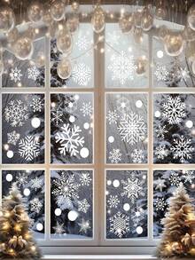 9 feuilles - Ensemble de décorations adhésives de flocons de neige de Noël, autocollants de fenêtre thème Noël blanc, autocollants de fenêtre de flocons de neige d'hiver pour fête, décorations de fenêtre de Noël, autocollants et décalcomanies de fenêtre d'hiver, décorations de Noël pour bureau et intérieur