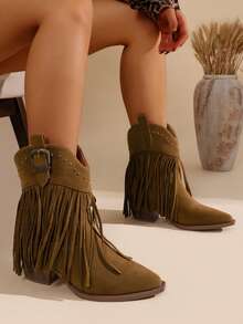 Western Style Boho Buckle Decor Fringe Rivet Wedge Slip-On Loafers, Versatile Western Ankle Boots, Solid Color Boots - Dark Brown - View 3